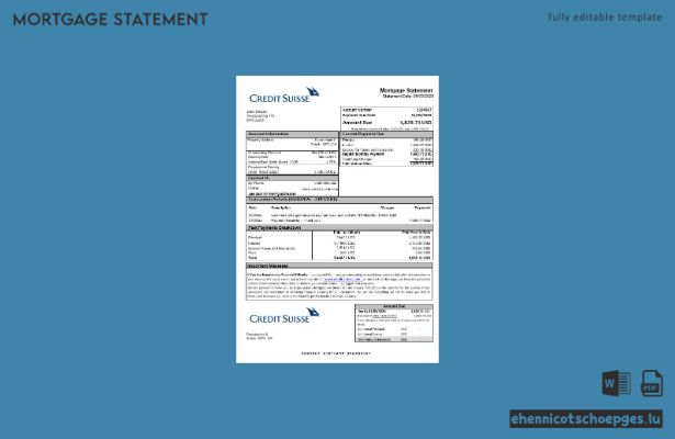 Kreditabrechnung der Credit Suisse (Schweiz) in Word- und PDF-Formaten – Beispielvorschau